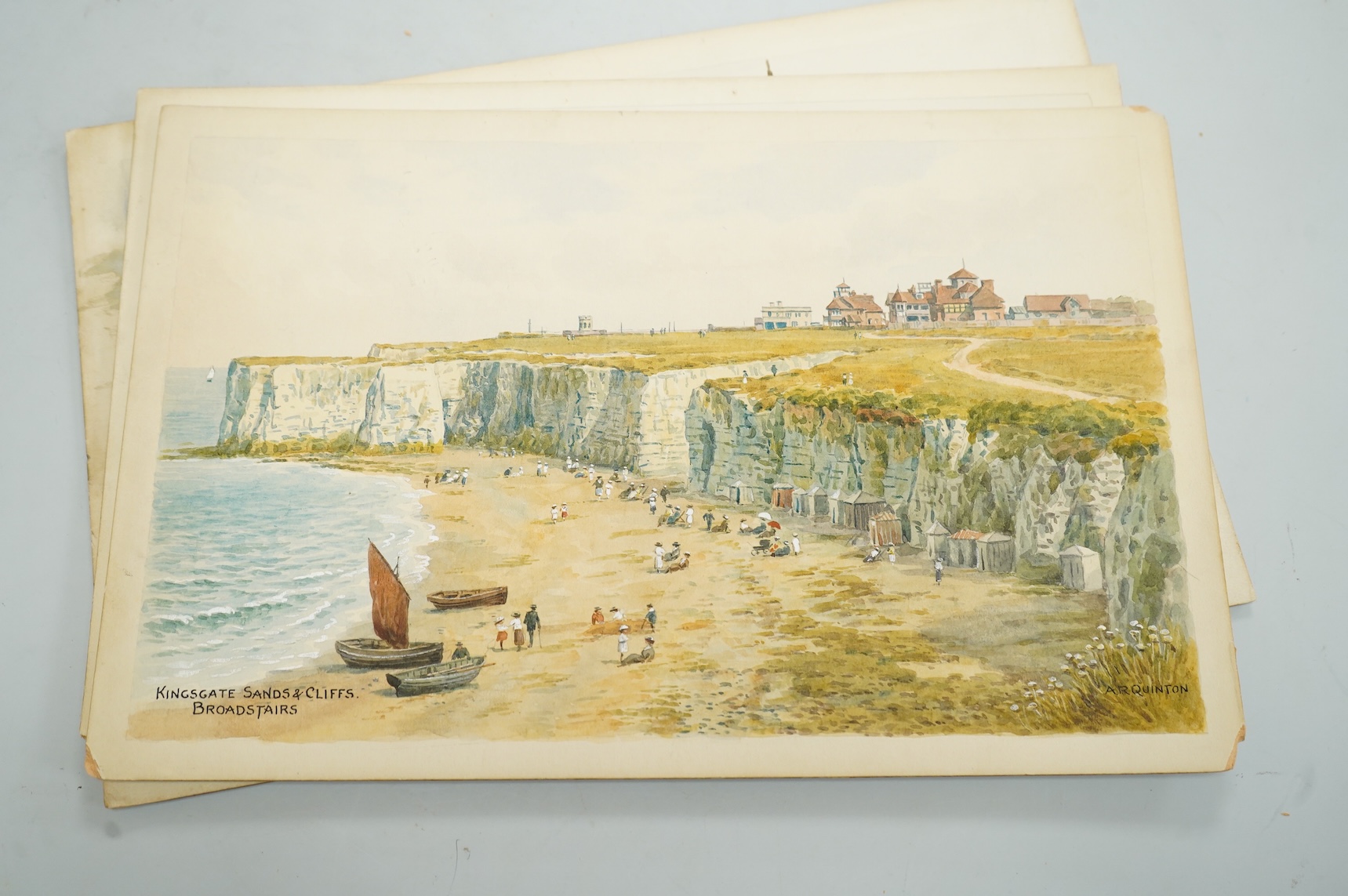 Alfred Robert Quinton (1853-1934), Set of six original watercolours for postcard designs, Kent coastal views to include: On the Cliffs, Birchington, Walmer Castle, Promenade and Cliffs, Cliftonville and The Harbour, Whit